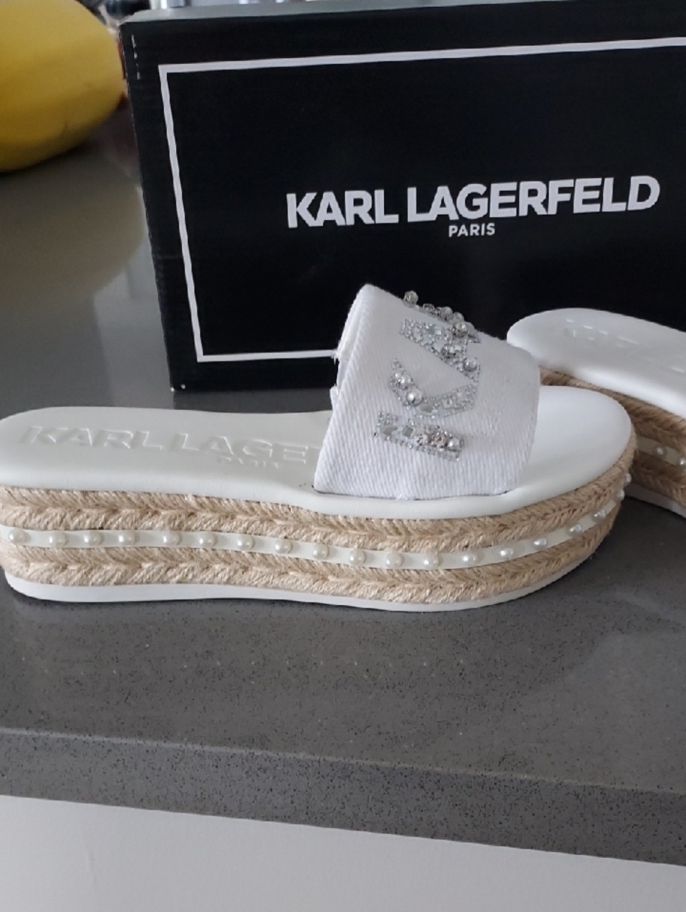 Karl Lagerfeld White Pearl-Trim Espadrille Platform Slides